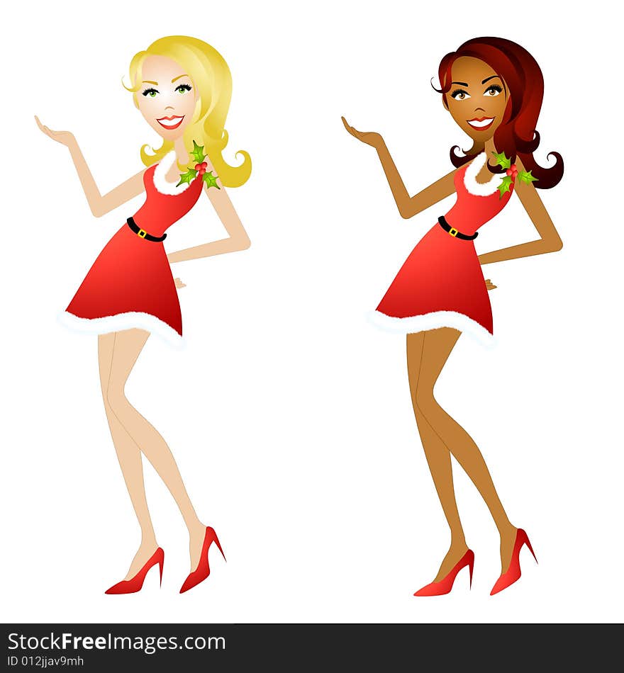 An illustration featuring your choice of caucasian or african american woman dressed in little red dresses with holly leaves and hands raised. An illustration featuring your choice of caucasian or african american woman dressed in little red dresses with holly leaves and hands raised