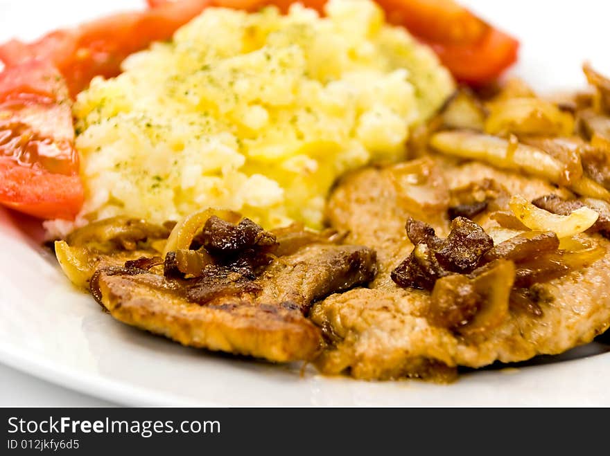 Roasted Pork Cutlet With Puree And Tomato Salad