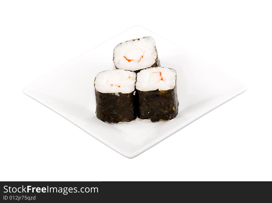 A square white plate with three pieces of sushi