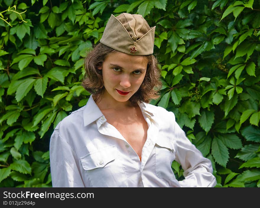 Girl wearing a soviet soldier cap