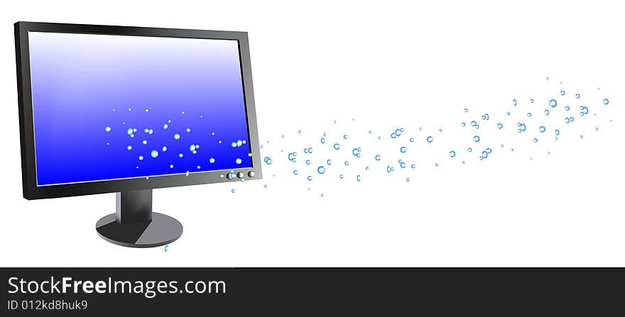 Water coming from computer monitor, vector illustration