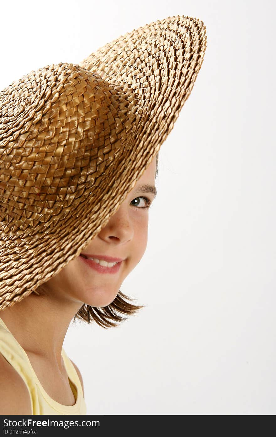 Girl with straw hat portrait. Girl with straw hat portrait