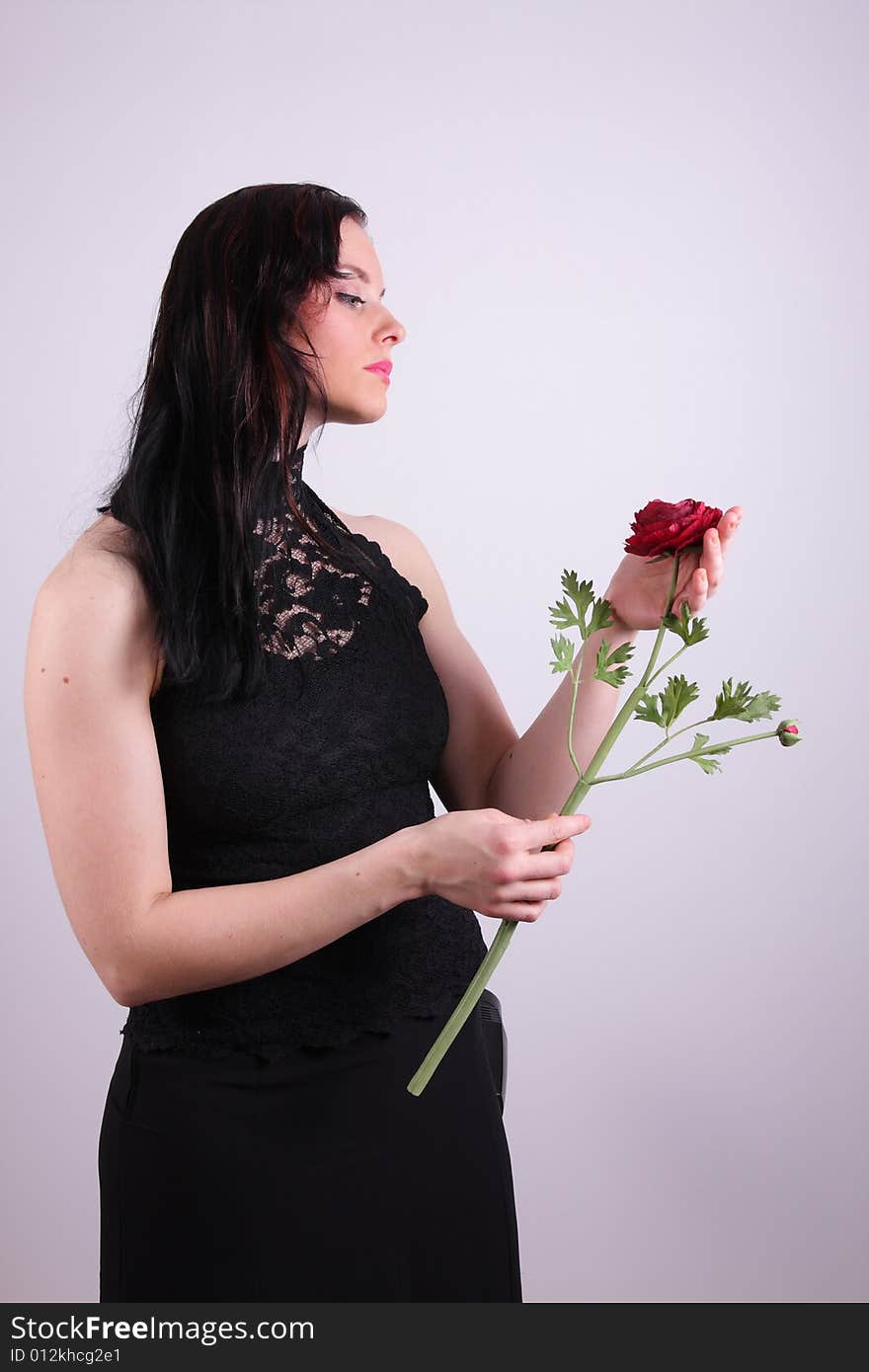 Beautiful young woman holding a rose, studio photo. Beautiful young woman holding a rose, studio photo