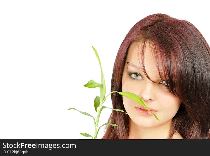 Beatiful Young Girl Smells A Bamboo