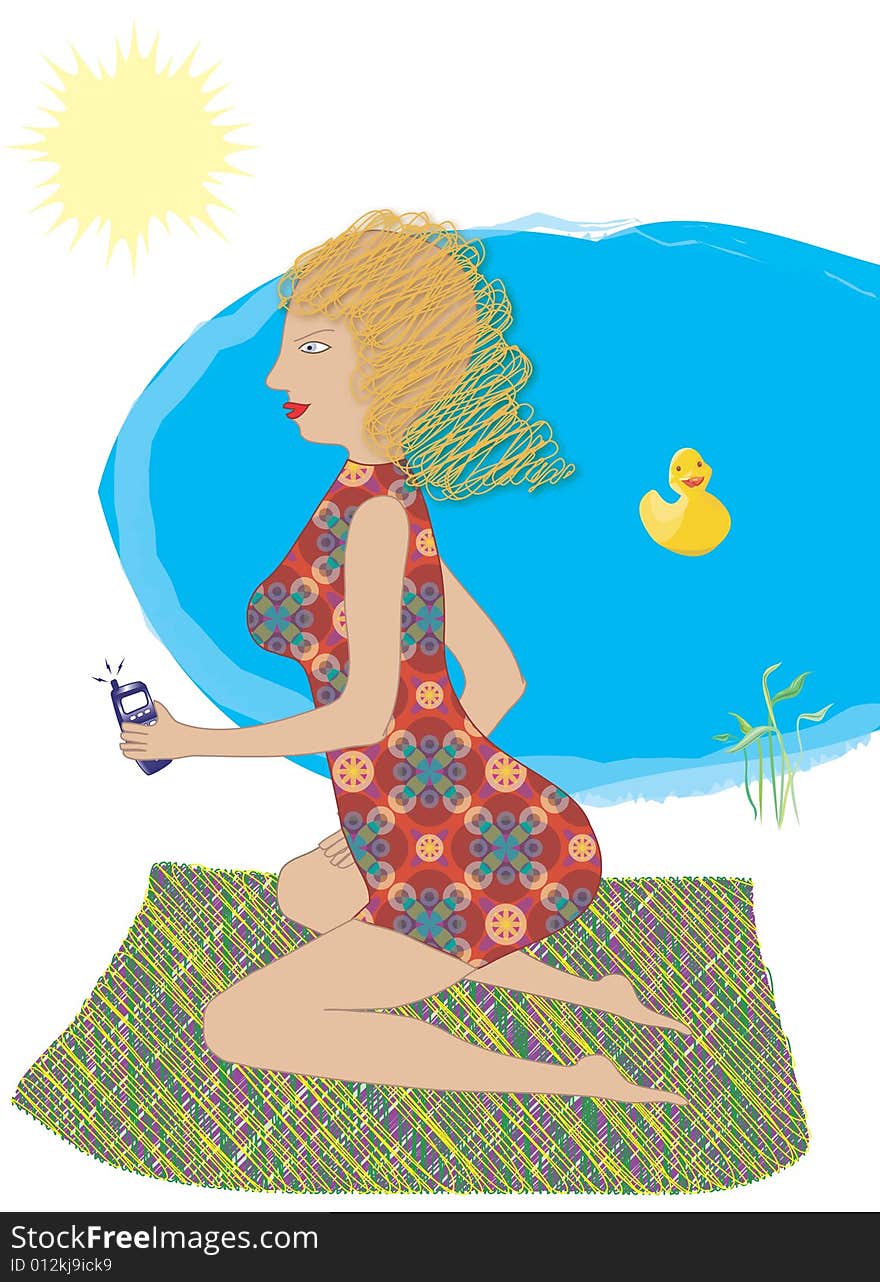 Illustration, Woman is kneeling on the beach. Illustration, Woman is kneeling on the beach