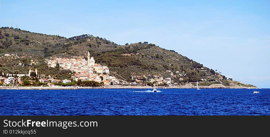 View of Cervo, medieval village in Liguria, Italy from the sea.