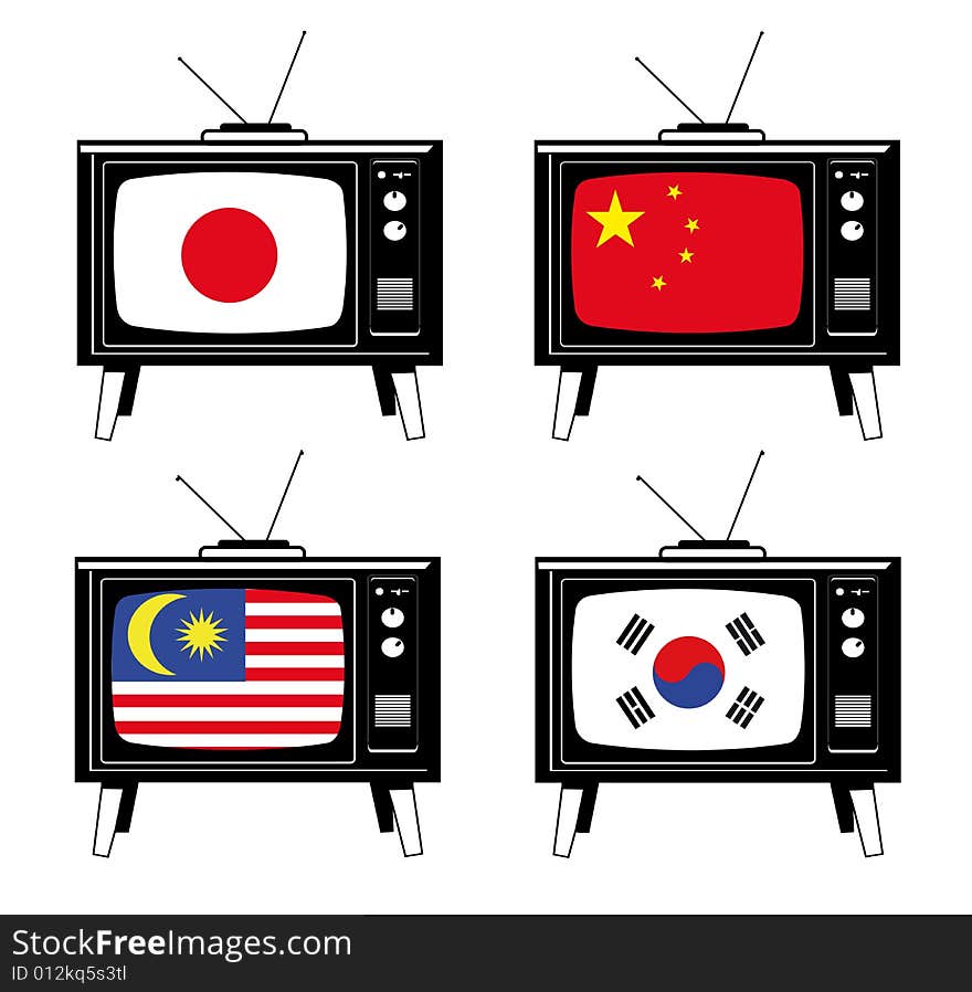 Illustration of a retro Tv with the flags of Japan, China, Malaysia, South Korea. Illustration of a retro Tv with the flags of Japan, China, Malaysia, South Korea.