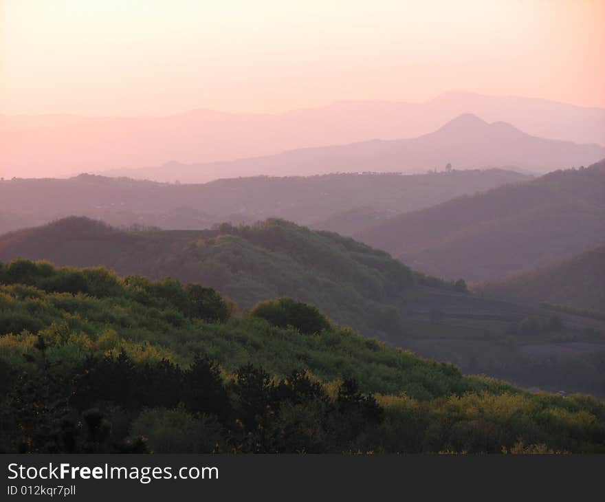 Vast mountains landscape blurring in the distance