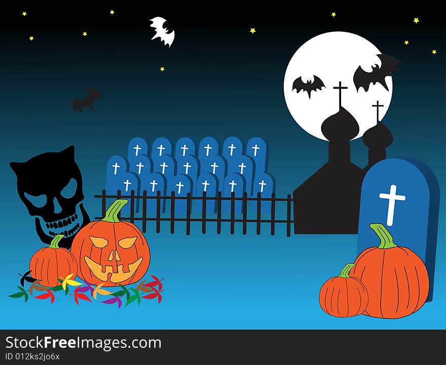 Abstract colored background with graveyard, bats and pumpkins for Halloween. Abstract colored background with graveyard, bats and pumpkins for Halloween