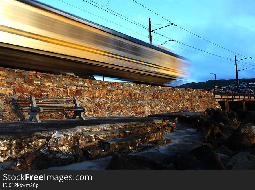 A train traveling at speed. A train traveling at speed.