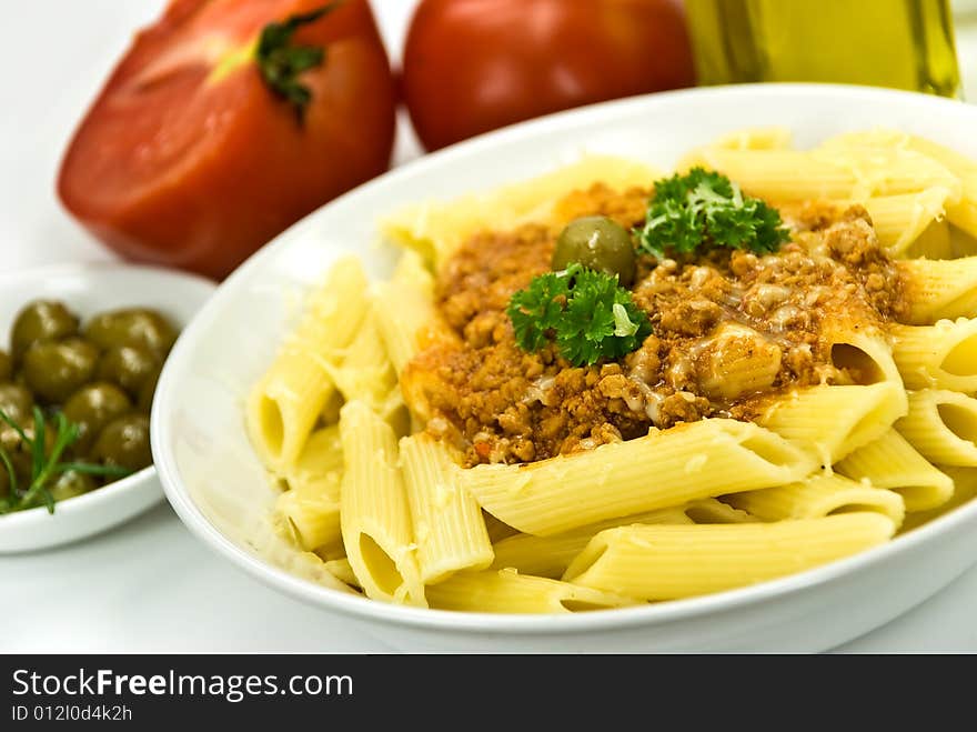 Spaghetti Bolognese With Parmesan Cheese And Olive