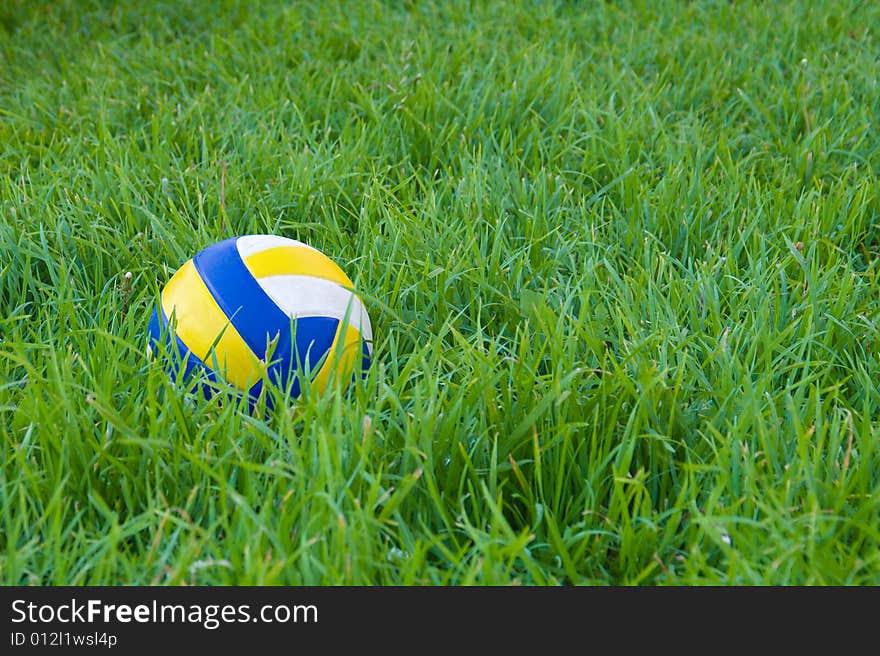 Multi-colour ball laying on green grass. Multi-colour ball laying on green grass