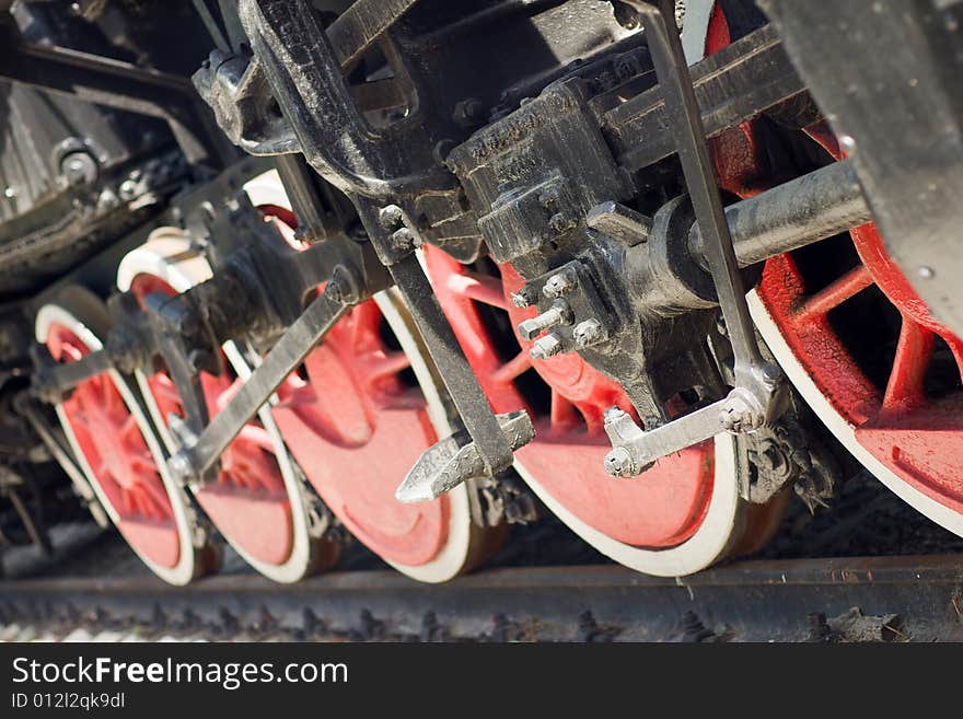 Red wheels of steam locomotive. Red wheels of steam locomotive