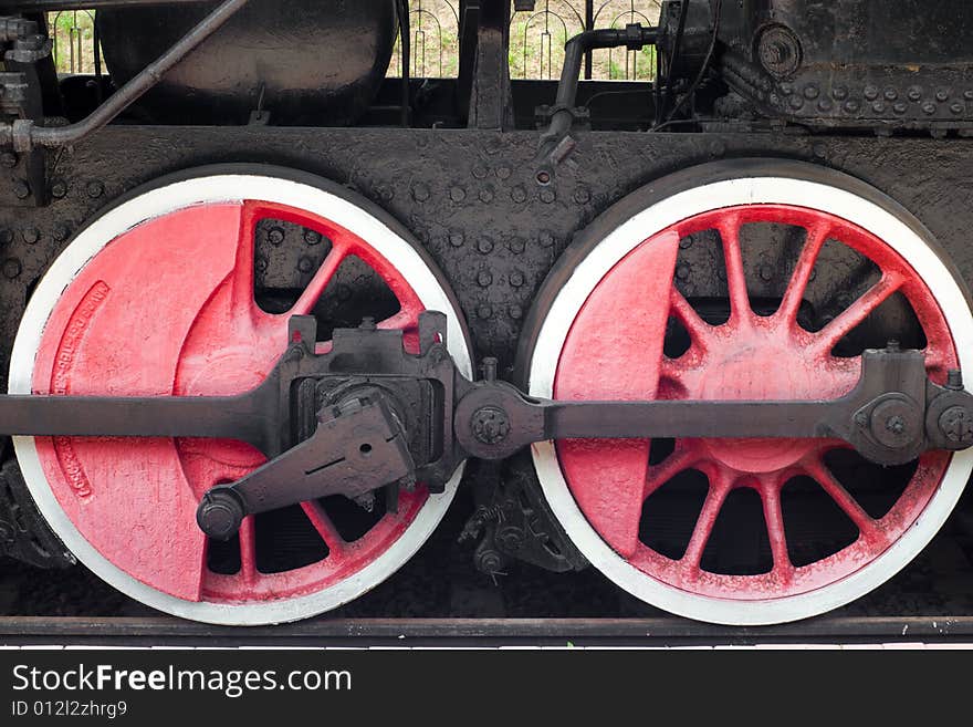 Red wheels of steam locomotive. Red wheels of steam locomotive