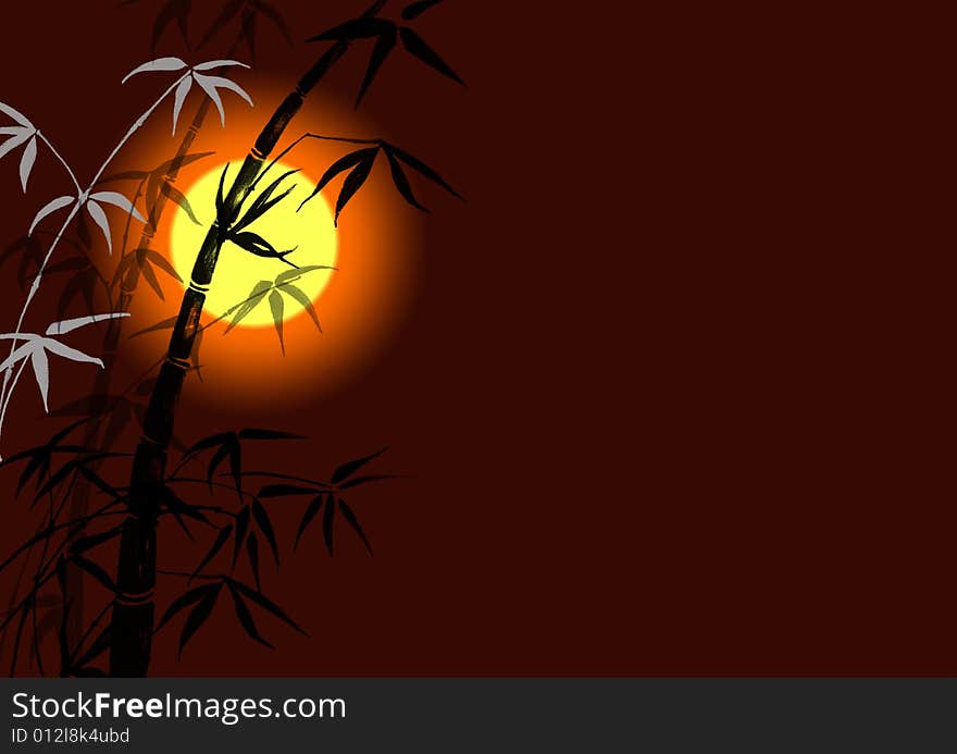 Bamboo leaves on a dark background, yellow sun. Bamboo leaves on a dark background, yellow sun.