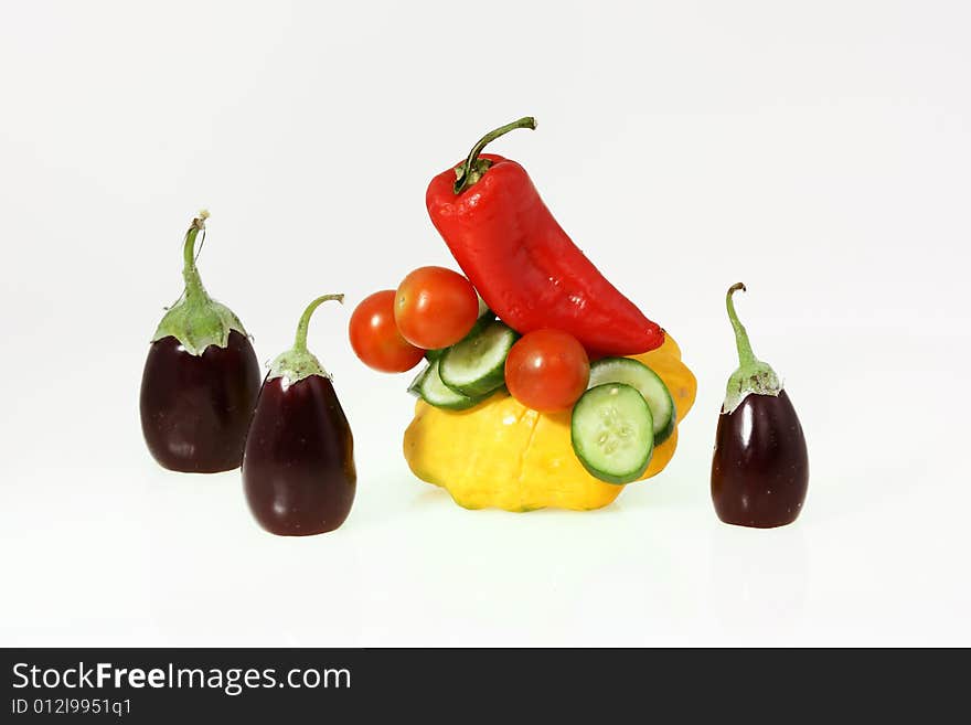 Composition from from an eggplant of a yellow vegetable marrow and cucumbers with tomatoes