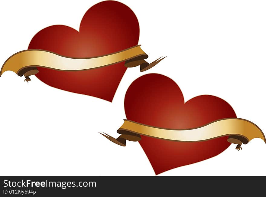 Two Red Hearts with Golden Ribbons