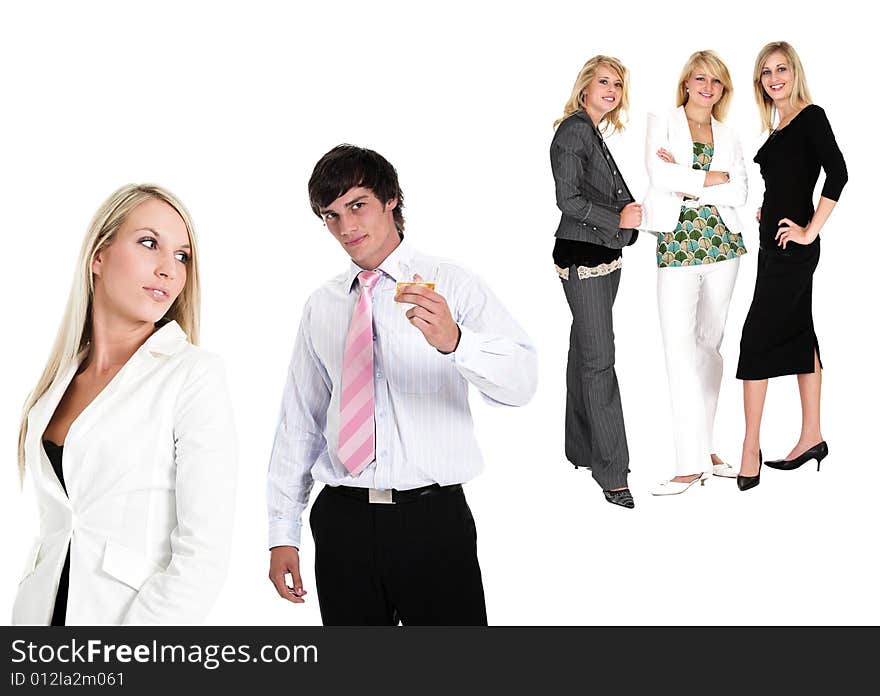 Young attractive business people ant the man is holding a glass of whiskey. Young attractive business people ant the man is holding a glass of whiskey.