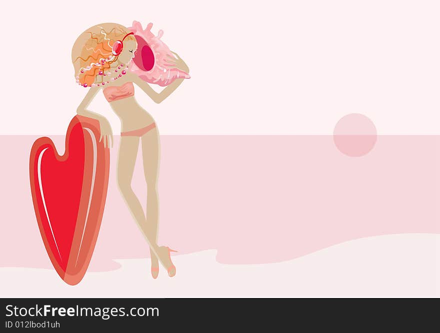 Vector image of sea coast and posing girl. Vector image of sea coast and posing girl