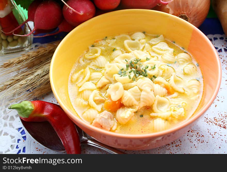 Chickensoup with noodles and vegetables