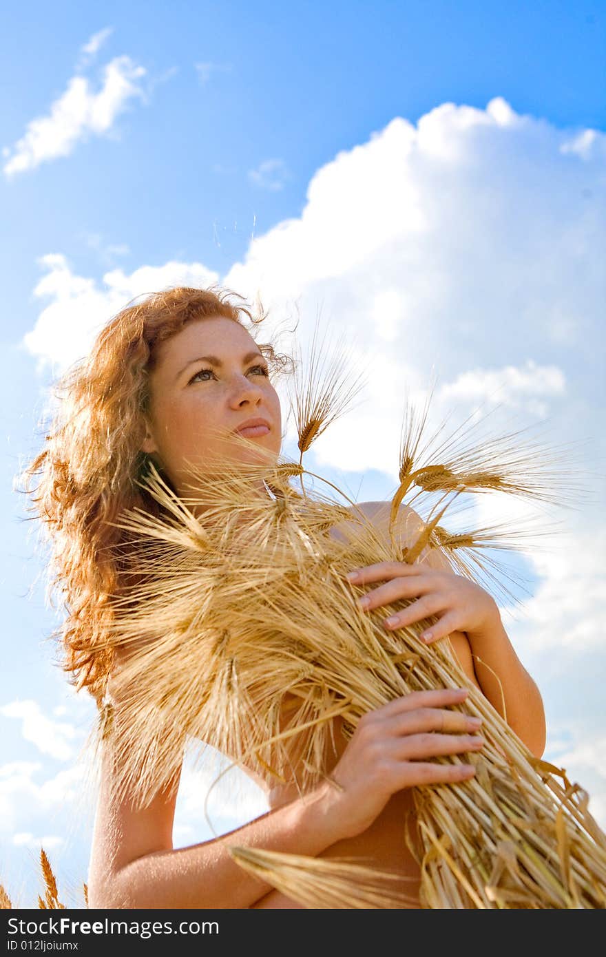 Beautiful caucasian model with golden wheat bouquet. Beautiful caucasian model with golden wheat bouquet