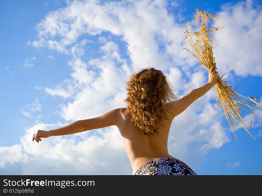 Beautiful caucasian model with golden wheat bouquet. Beautiful caucasian model with golden wheat bouquet