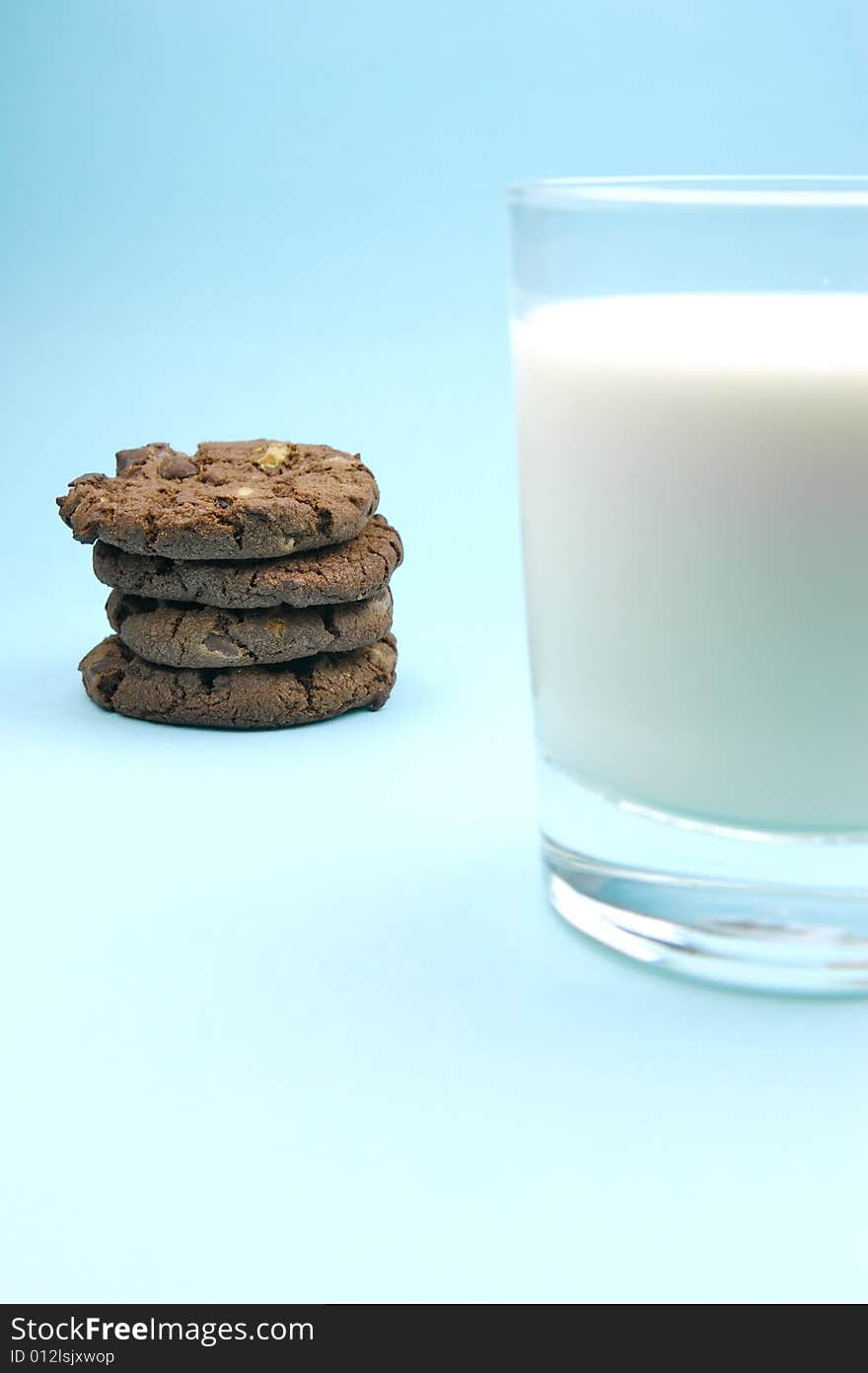 Choc chip cookies and a glass of milk. Choc chip cookies and a glass of milk