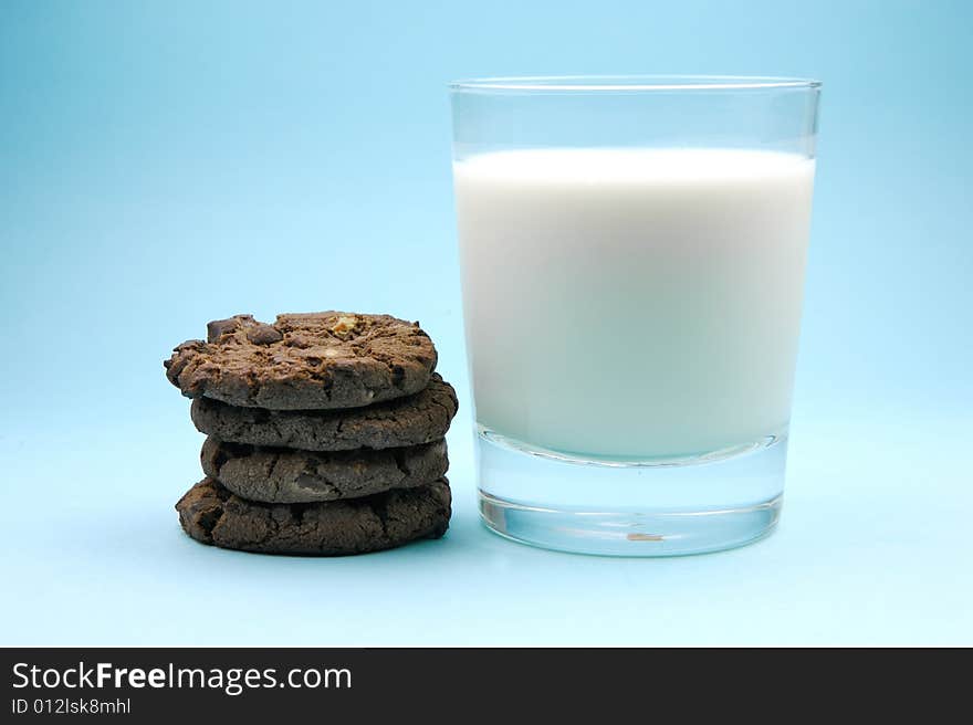 Choc chip cookies and a glass of milk. Choc chip cookies and a glass of milk