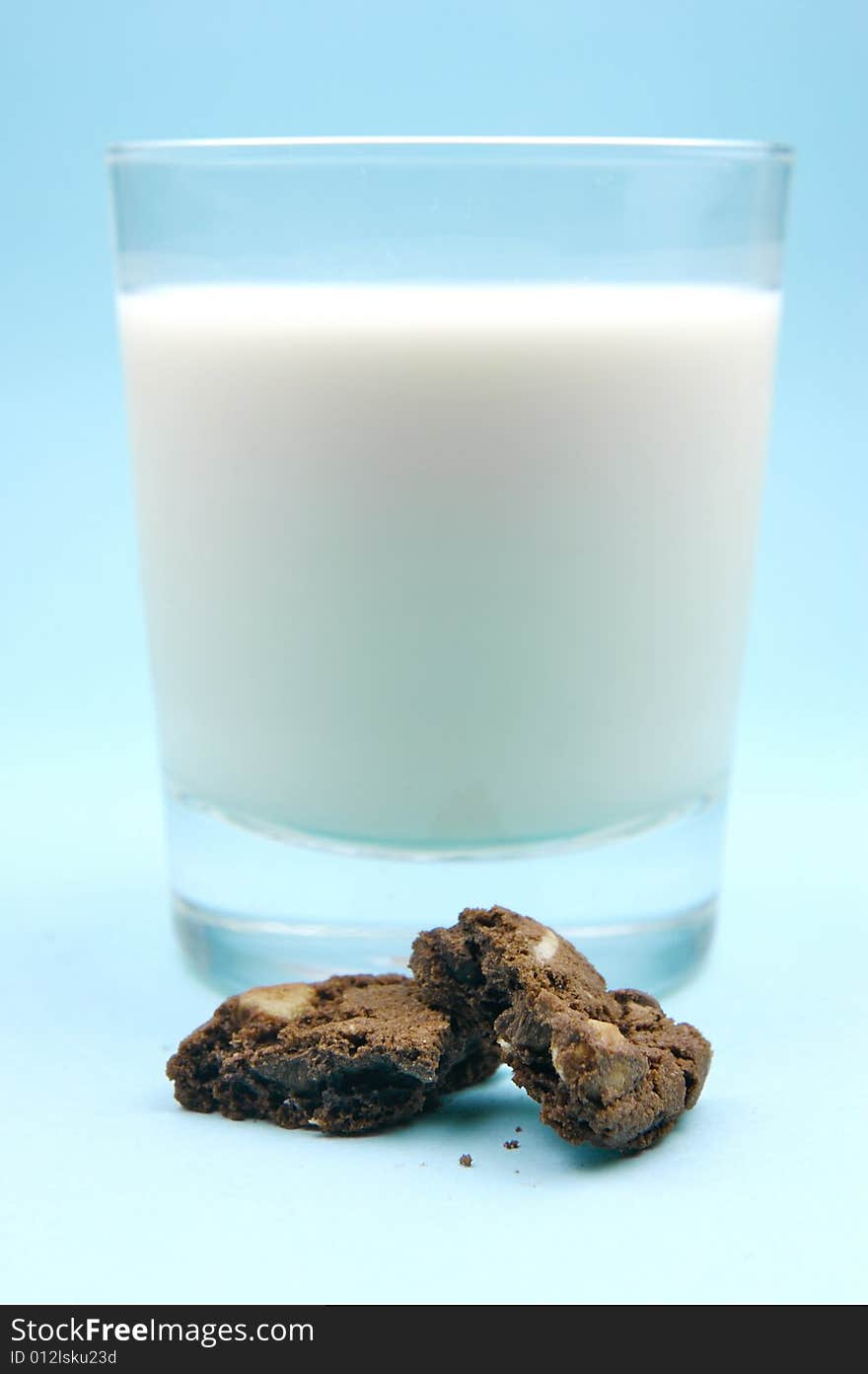 Choc chip cookies and a glass of milk. Choc chip cookies and a glass of milk