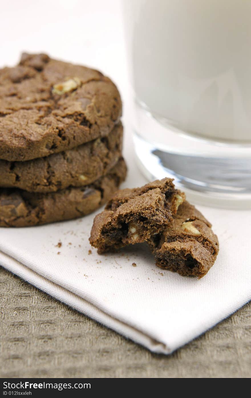 Choc chip cookies and a glass of milk. Choc chip cookies and a glass of milk