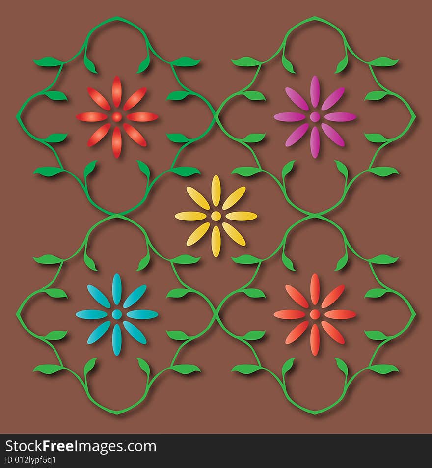 A group of flowers designed in a brown background bordered with leaves. A group of flowers designed in a brown background bordered with leaves.