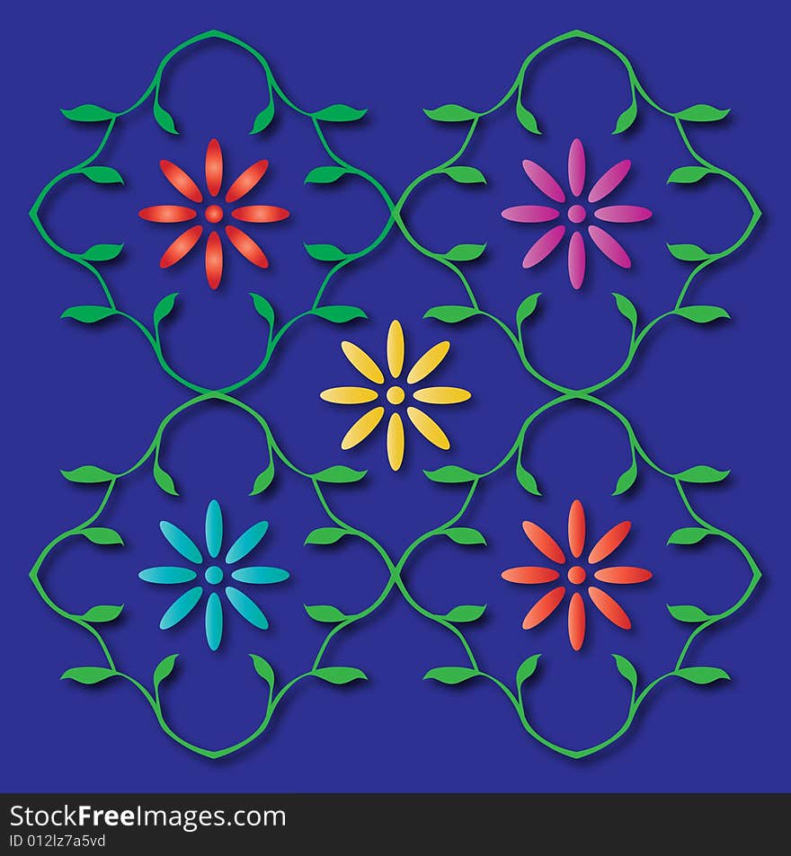 A group of flowers designed in a brown background bordered with leaves. A group of flowers designed in a brown background bordered with leaves.