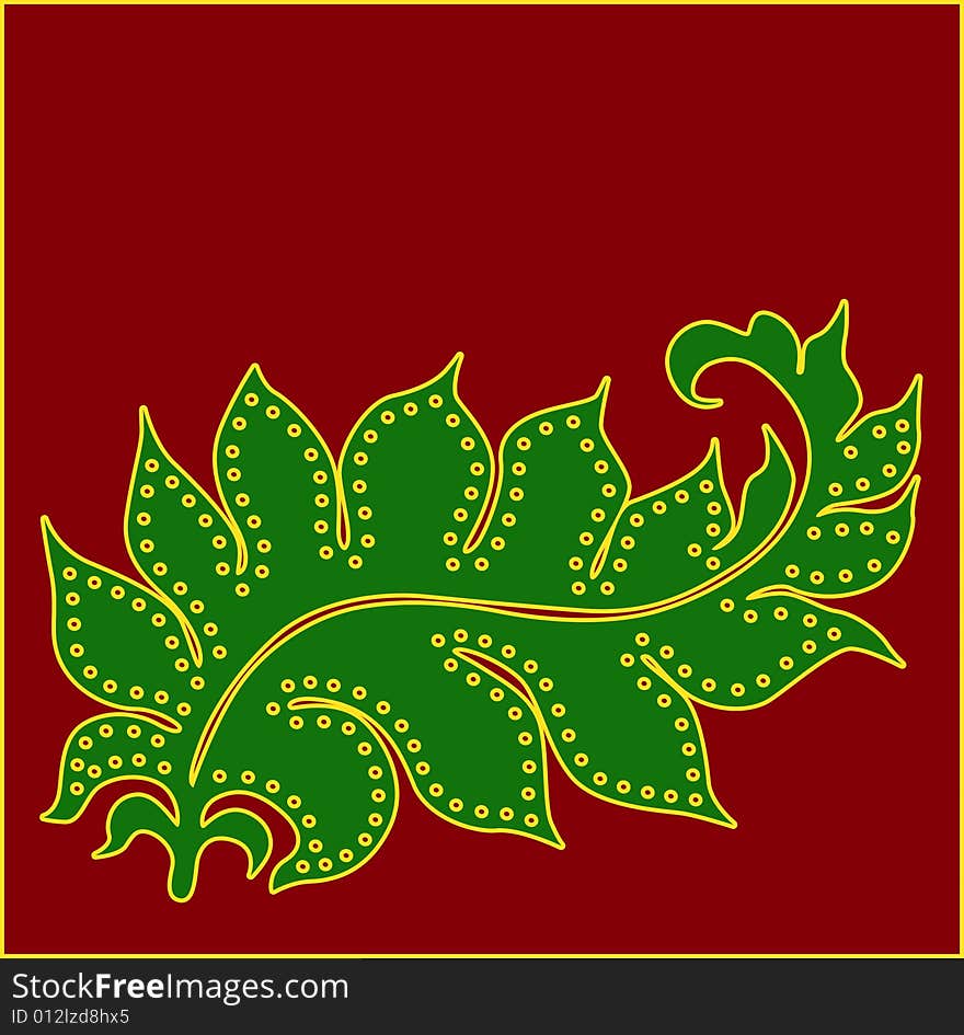 A leaf with yellow dots in a maroon background.