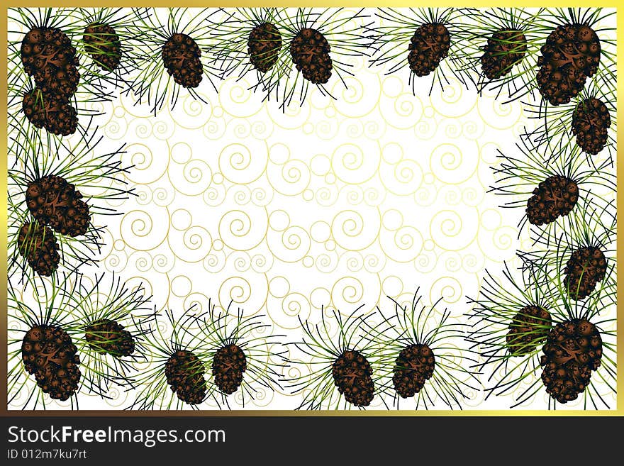 White background with golden spirals and pine cones. White background with golden spirals and pine cones