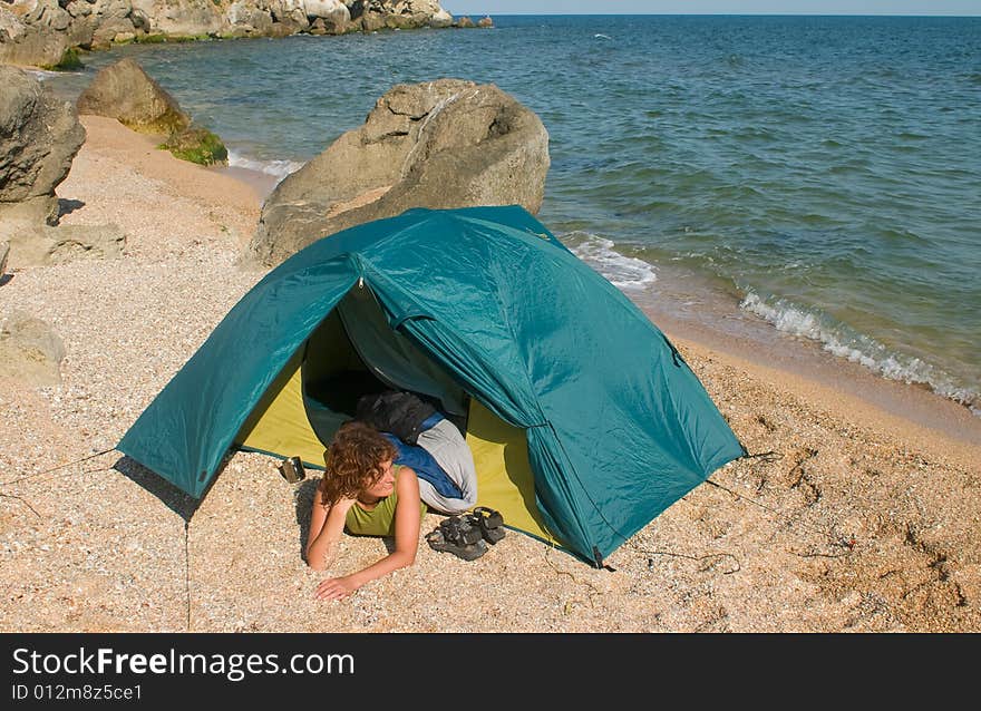 Tent On Sea Beach And Girl