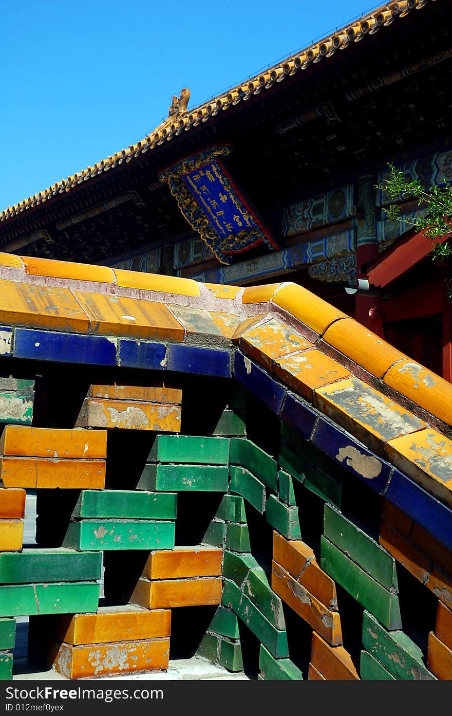 Ancient color brick wall of a temple in CHina