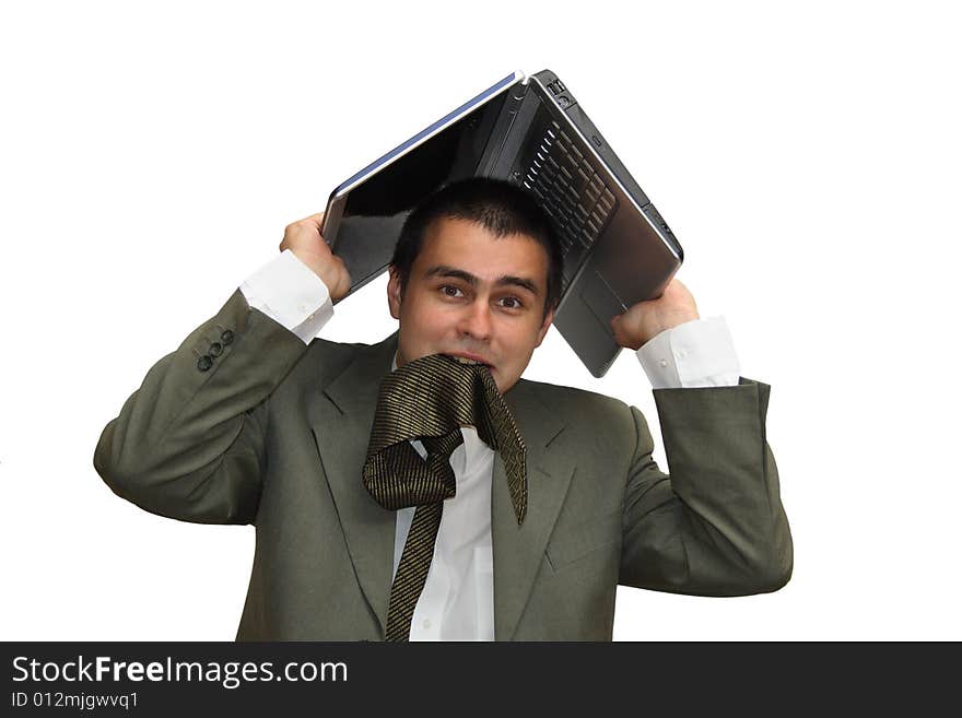 Businessman holding laptop over his head and eating his cravat on white background. Businessman holding laptop over his head and eating his cravat on white background