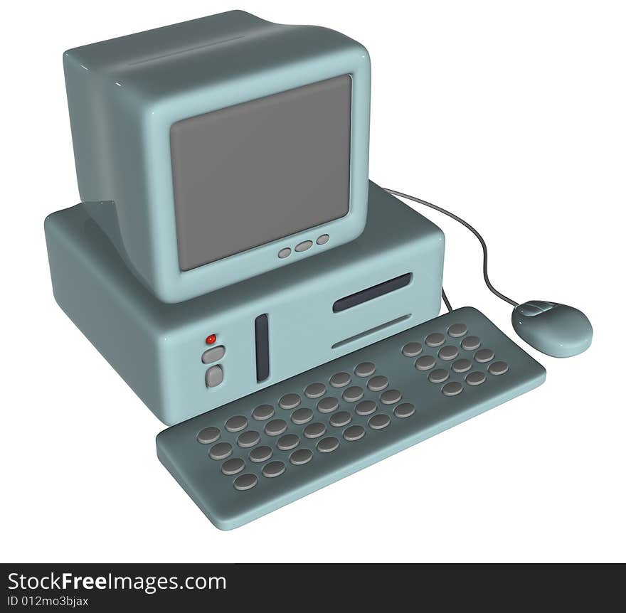 3D isolated blue computer with keyboard and mouse maked in cartoon style