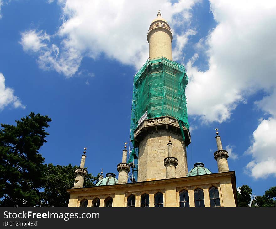 Park pavilion in shape of a  minaret in the park of Lednice Chateau in Moravia, Czech Republic