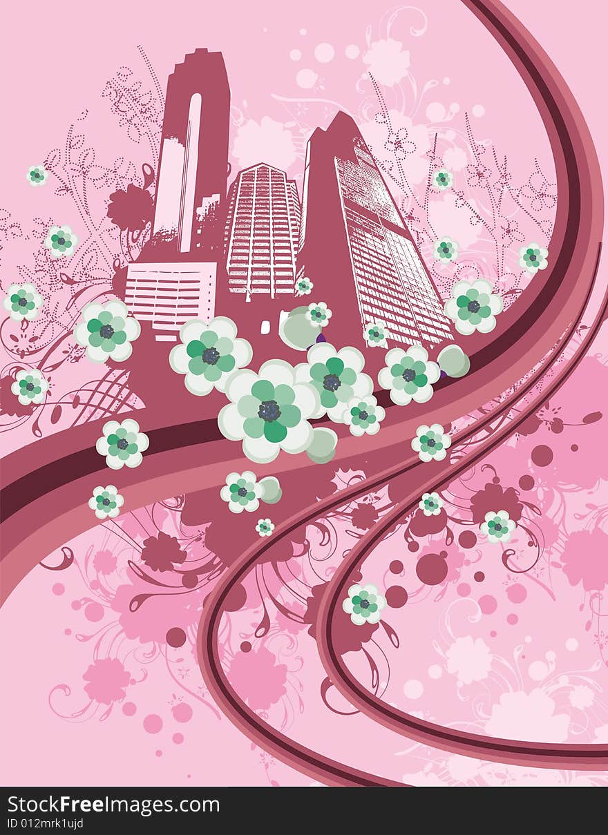 Cityscape background with a bunch of flowers. Vector illustration.