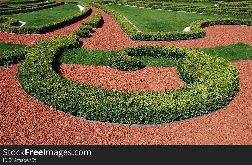 Ornamental garden, red and green contrasts