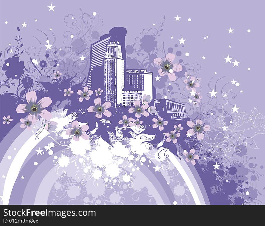 Floral cityscape background with grunge details. Vector illustration. Floral cityscape background with grunge details. Vector illustration.