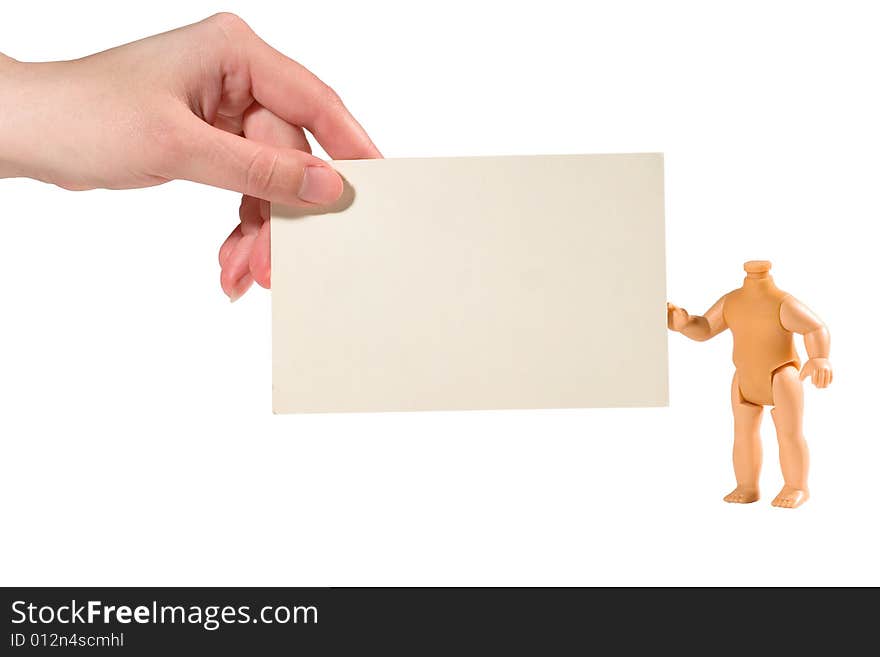 Hand and a doll holding together a paper card