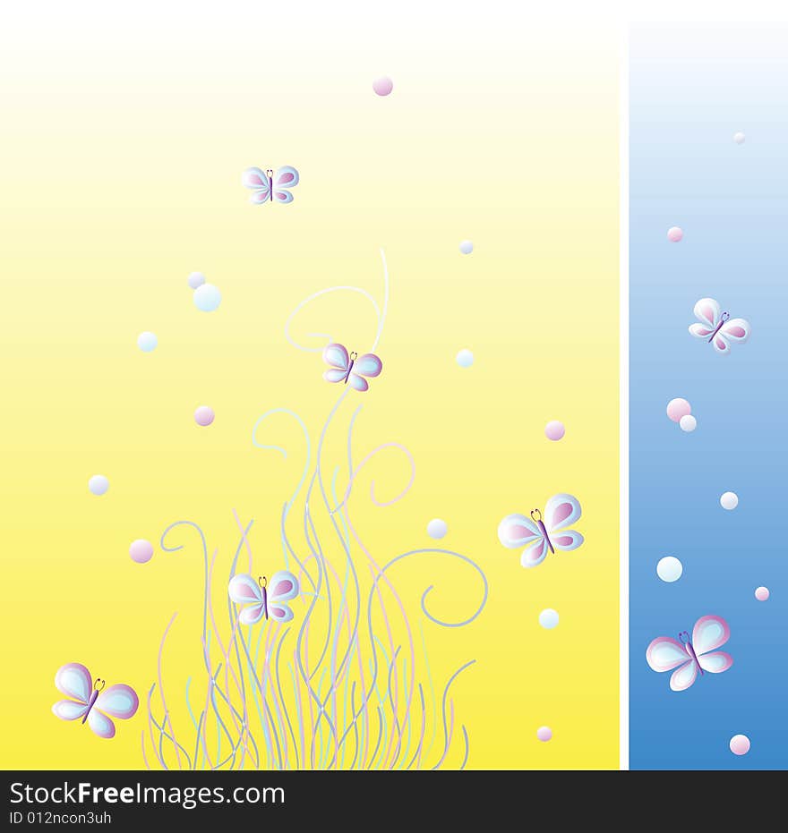 Vector illustration with  butterflys in the yellow and blue background. Vector illustration with  butterflys in the yellow and blue background