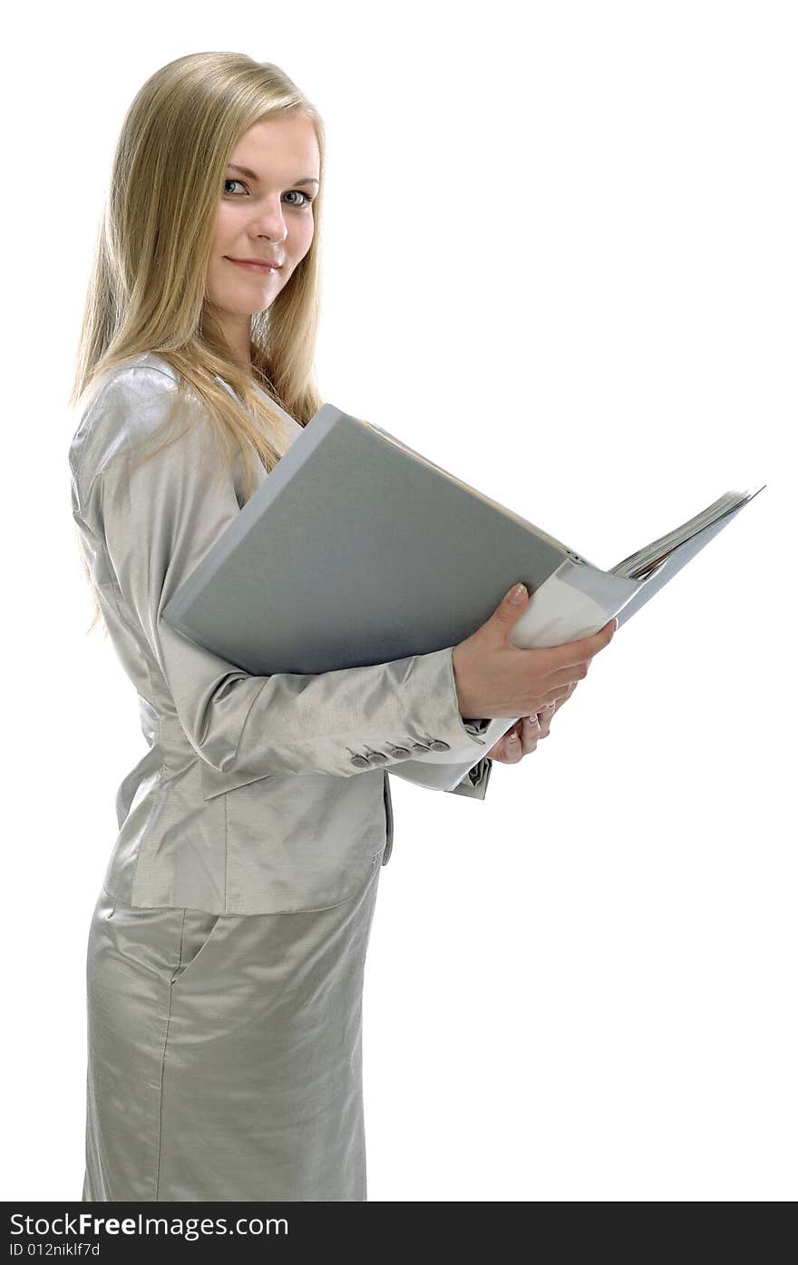 Portrait of young happy businesswoman with folder, isolated on white. Portrait of young happy businesswoman with folder, isolated on white