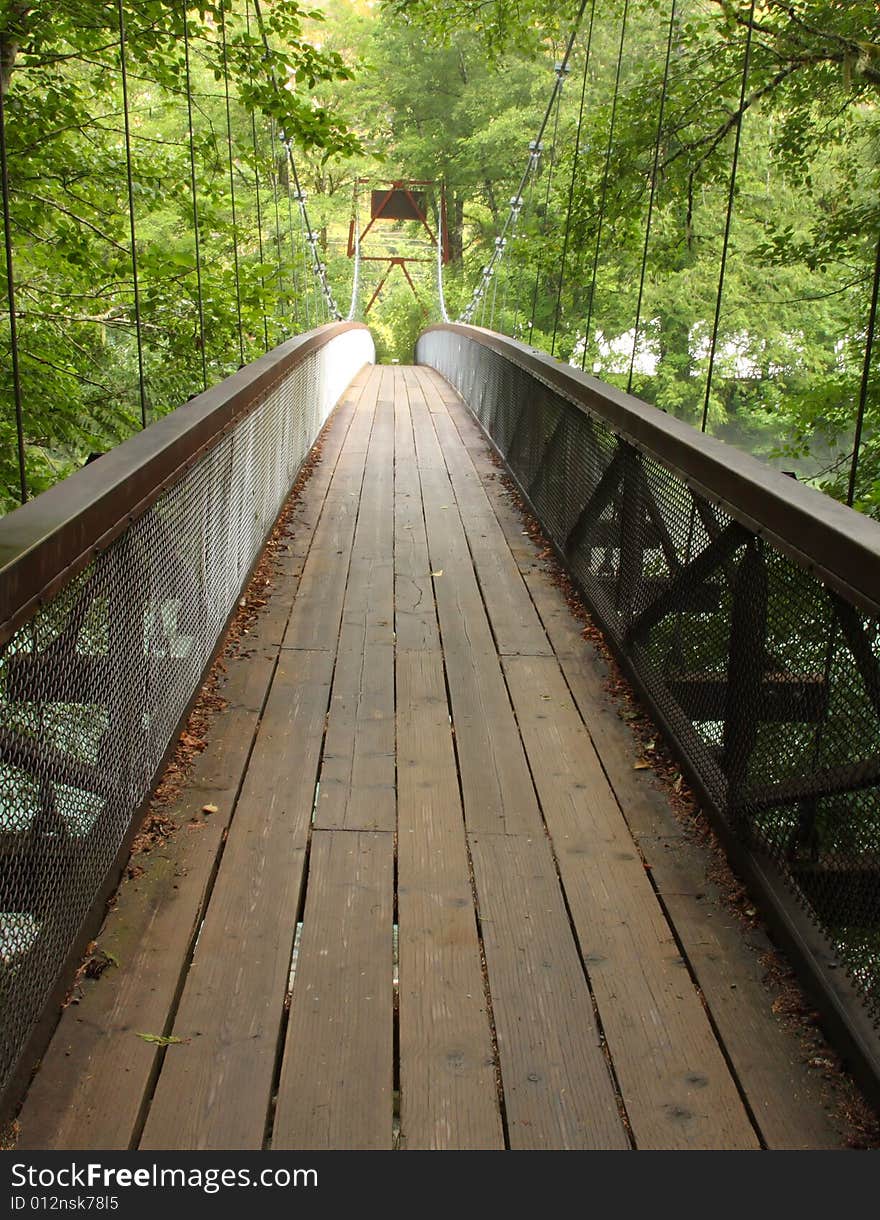 Suspension bridge crossing a river in the forest. Suspension bridge crossing a river in the forest.