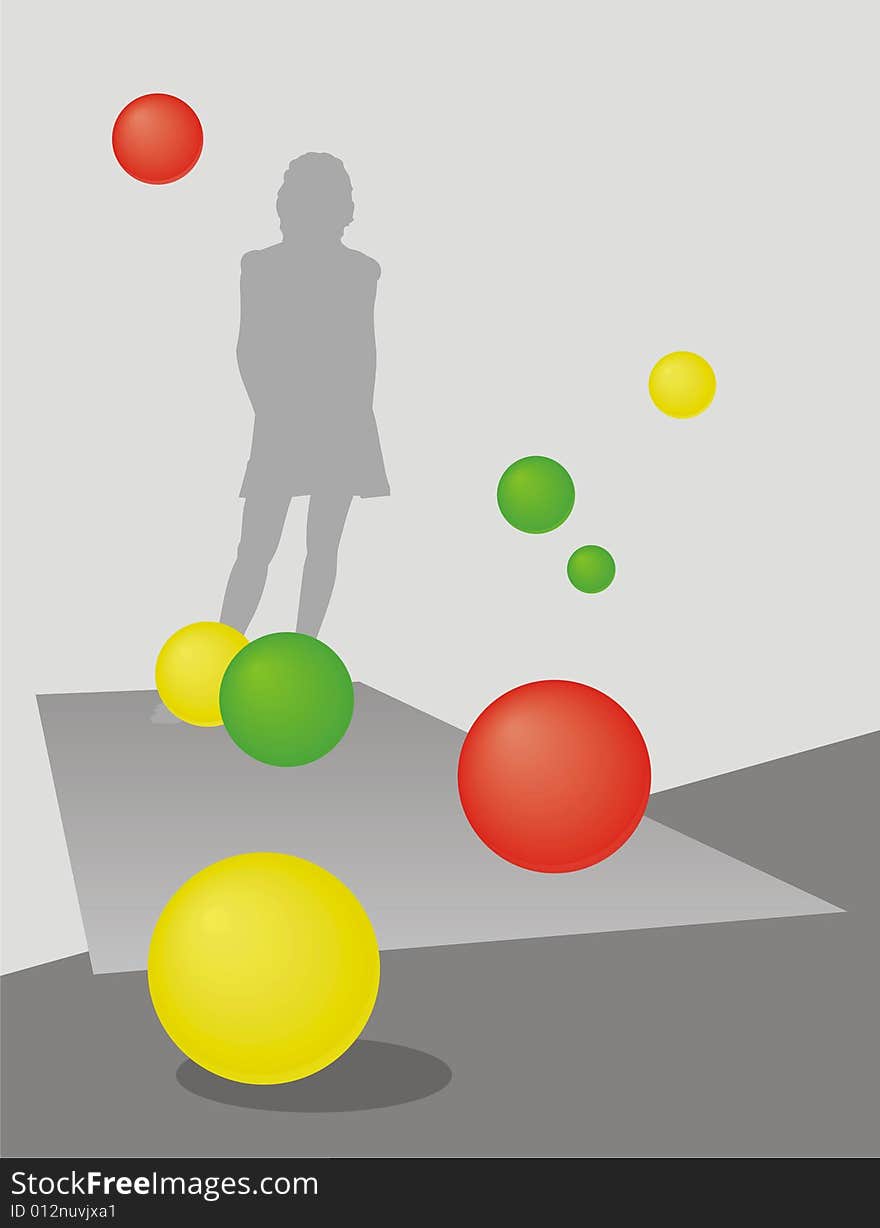 Composition from a figure of the person and color spheres. Spheres fly in air. The lonely figure costs on the distant plan. Composition from a figure of the person and color spheres. Spheres fly in air. The lonely figure costs on the distant plan.