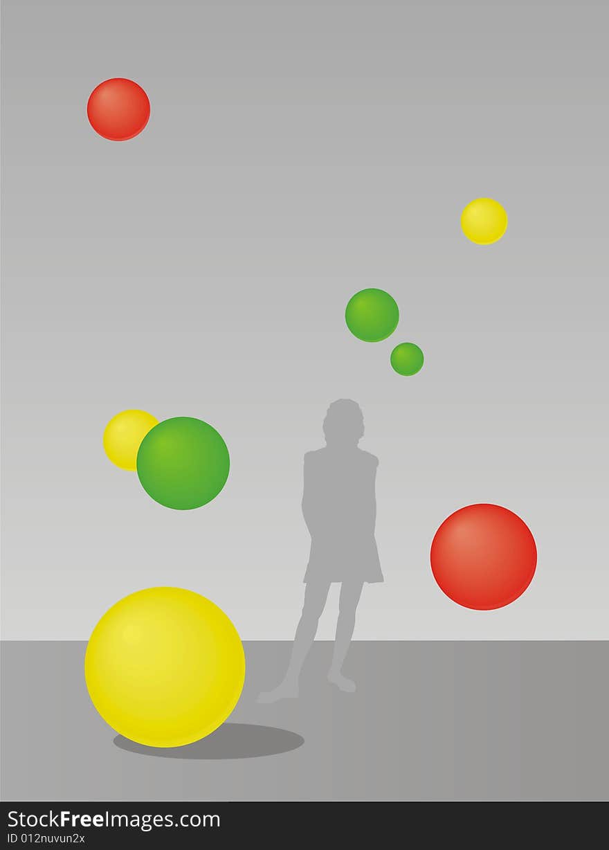 Composition from a figure of the person and color spheres. Spheres fly in air. The lonely figure costs on the distant plan. Composition from a figure of the person and color spheres. Spheres fly in air. The lonely figure costs on the distant plan.