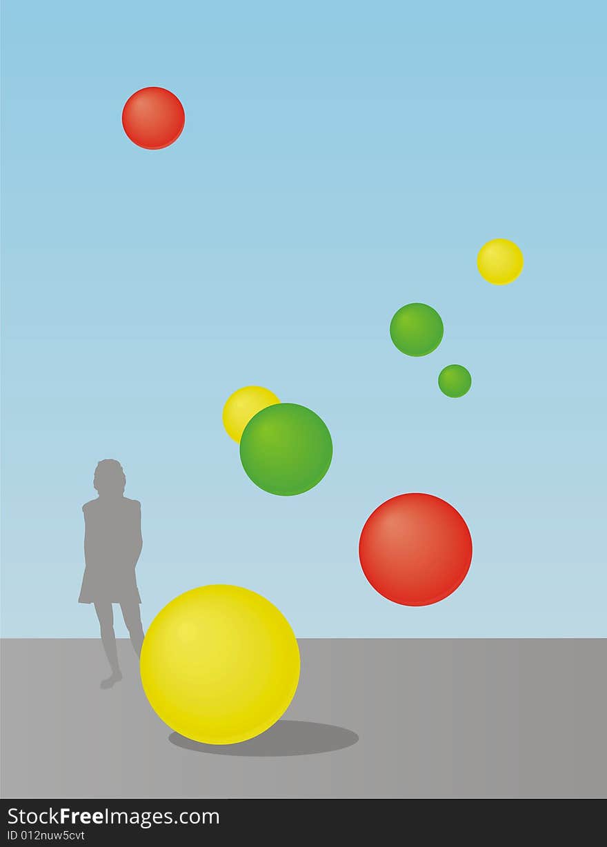 Composition from a figure of the person and color spheres. Spheres fly in air. The lonely figure costs on the distant plan. Composition from a figure of the person and color spheres. Spheres fly in air. The lonely figure costs on the distant plan.