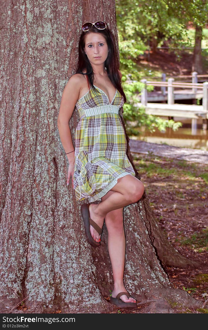 A young lady poses by a tree. A young lady poses by a tree